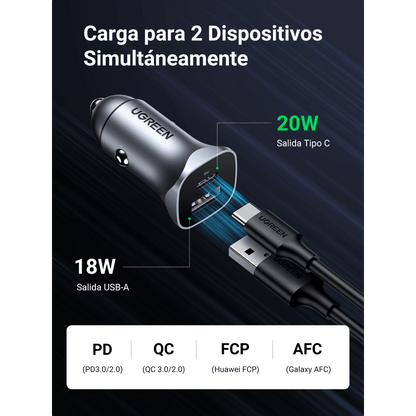 Cargador de Auto 24W | Puerto USB-A y USB-C | Carga Rápida | Compatible con Vehículos de 12 y 24 VCD | PD3.0 + QC3.0 | Indicador Led | Diseño