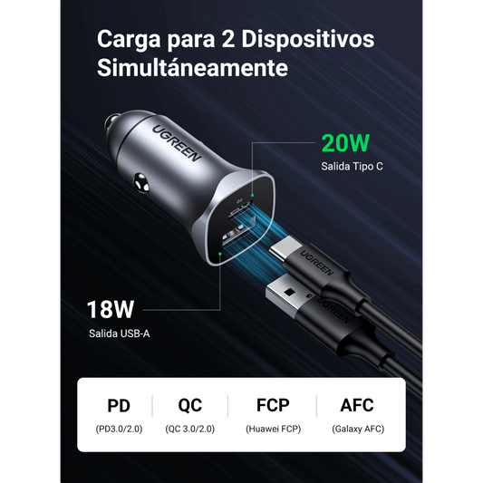 Cargador de Auto 24W | Puerto USB-A y USB-C | Carga Rápida | Compatible con Vehículos de 12 y 24 VCD | PD3.0 + QC3.0 | Indicador Led | Diseño