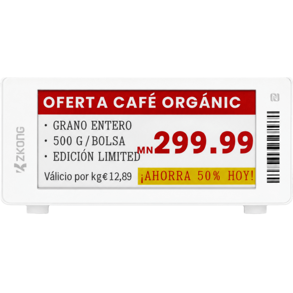 Etiqueta Electrónica de Estantería ZKE29B / Pantalla EPD Gráfica 2.9 Pulgadas / Resolución 296x128 Píxeles / 4 Colores (Negro Blanco Rojo Amarillo)