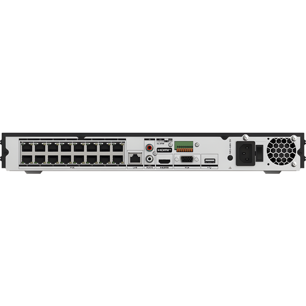 NVR 8 Megapixel (4K) (Compatible con Cámaras ACUSENSE) / 16 canales IP / 16 Puertos PoE+ / 2 Bahías de Disco Duro / Salida de Vídeo en 4K / 300