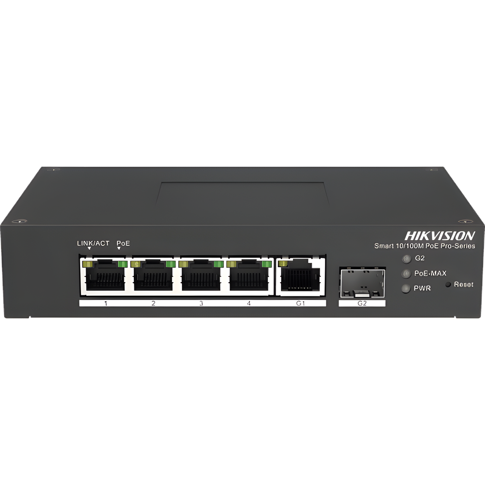 Switch PoE+ Industrial de Escritorio / Administrable / 4 Puertos 10/100 Mbps PoE+ / 1 Puerto 1000 Mbps Uplink / 1 Puertos SFP / Configuración Nube