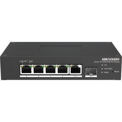 Switch PoE+ Industrial de Escritorio / Administrable / 4 Puertos 10/100 Mbps PoE+ / 1 Puerto 1000 Mbps Uplink / 1 Puertos SFP / Configuración Nube
