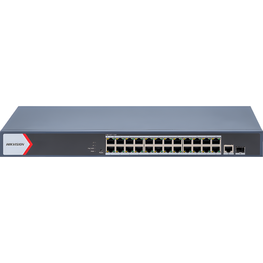 Switch Gigabit PoE+ / Administrable / 24 Puertos 1000 Mbps PoE+ / 1 Puerto 1000 Mbps Uplink / 1 Puertos SFP Uplink / Configuración Nube Hik-Partner
