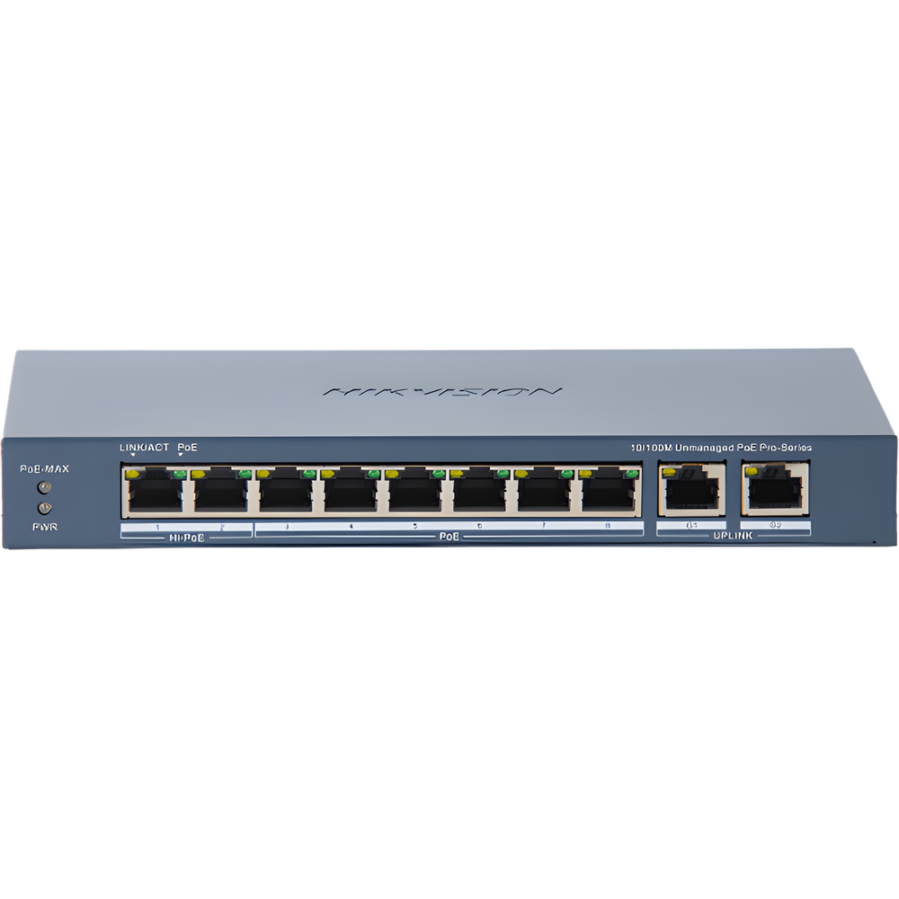 Switch PoE+ / No Administrable / 7 Puertos 10/100 Mbps 802.3 af/at (30 W) / 1 Puerto 10/100 Mbps Hi-PoE (90 W) / 2 Puertos 1000 Mbps Uplink / Modo