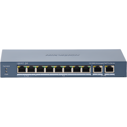 Switch PoE+ / No Administrable / 7 Puertos 10/100 Mbps 802.3 af/at (30 W) / 1 Puerto 10/100 Mbps Hi-PoE (90 W) / 2 Puertos 1000 Mbps Uplink / Modo