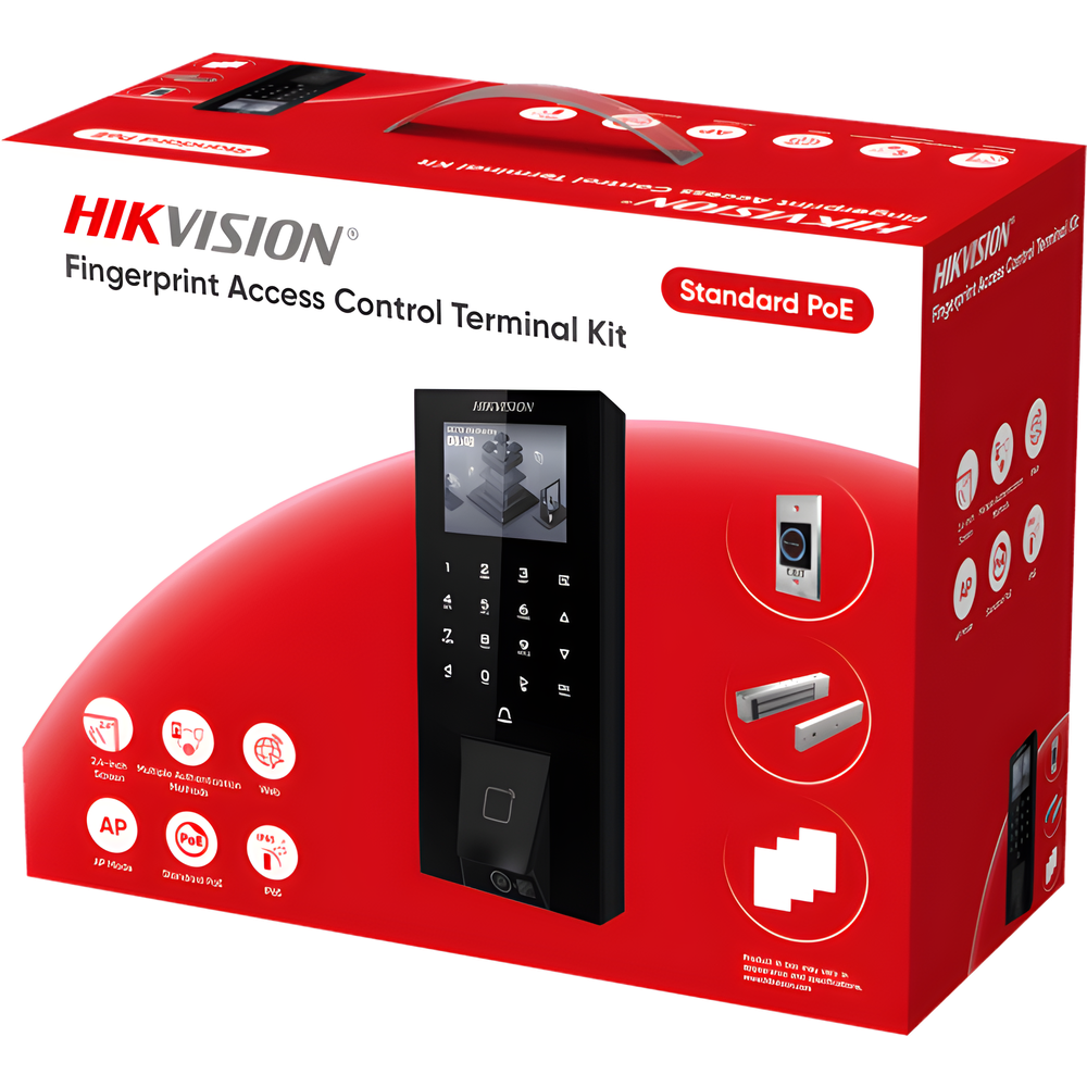 Kit Terminal Control Acceso Biométrico DS-KAS807 / Huella Digital / Códigos QR / 2.4" LCD / 5000 Huellas + 5000 Tarjetas / IP65 / Wi-Fi + PoE