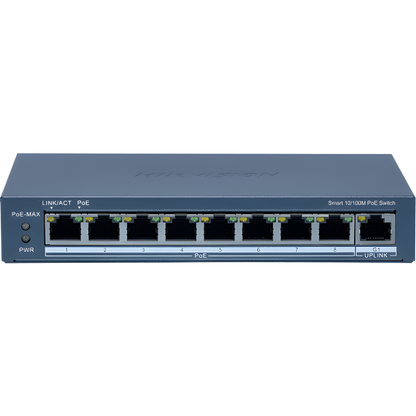 Switch Administrable PoE+ / 8 puertos 100 Mbps PoE+ / 1 puerto 1000 Mbps de Uplink / PoE hasta 300 Metros / Conexión Remota desde Hik-ParnerPro / 110