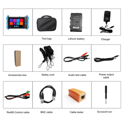 Tester de Video Profesional | Pantalla 7"| Prueba IP/HD/Analógicas | TVI/CVI/AHD/CVBS | IP ONVIF | 4K/8K | H.264/H.265 | HDMI | PTZ | Scanner IP |