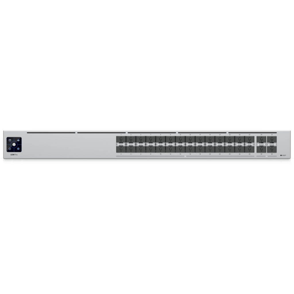 UniFi Switch USW-Pro-Aggregation, Capa 3 con 28 puertos SFP+ 10G y 4 SFP28 25G, 760 Gbps y pantalla táctil LCM 1.3''