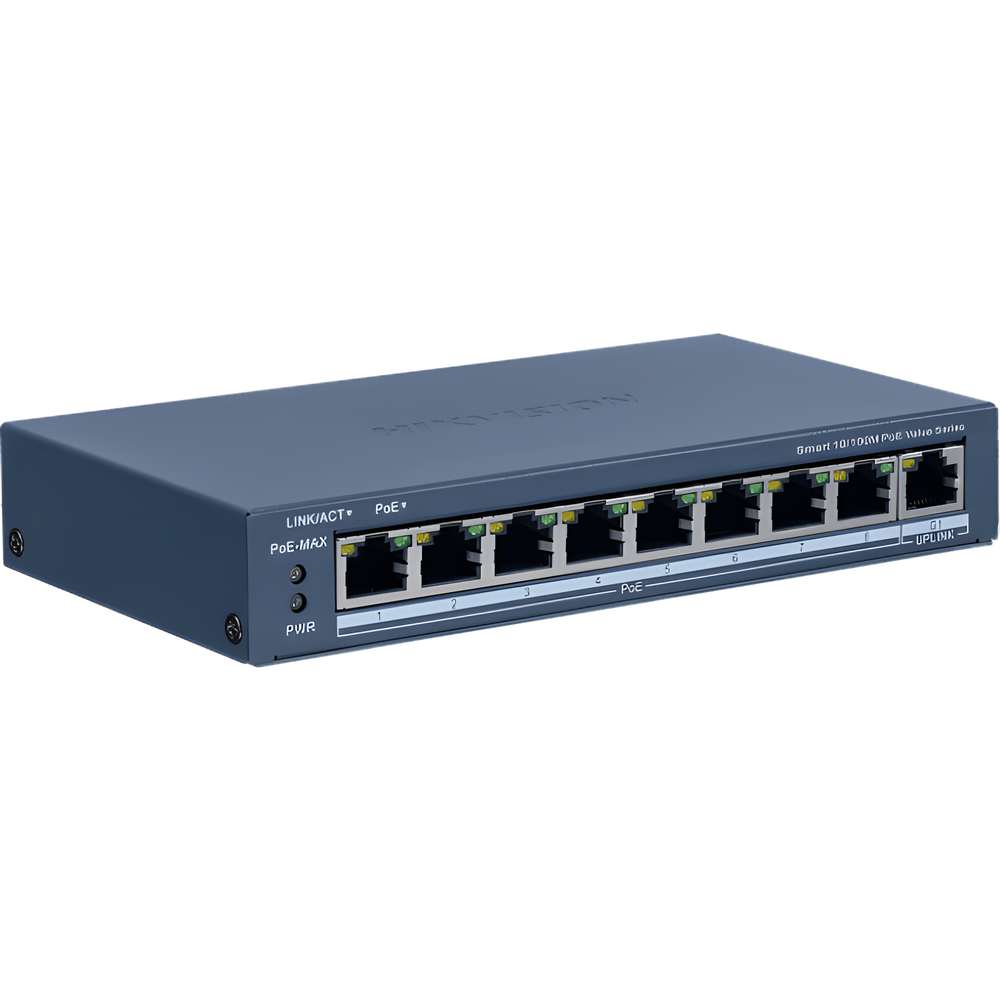 Switch PoE+ / Monitoreable / 8 Puertos 10/100 Mbps PoE+ / 1 Puerto 1000 Mbps Uplink / Configuración Nube Hik-Partner Pro / Modo Extendido hasta 300