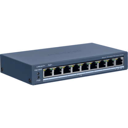 Switch PoE+ / Monitoreable / 8 Puertos 10/100 Mbps PoE+ / 1 Puerto 1000 Mbps Uplink / Configuración Nube Hik-Partner Pro / Modo Extendido hasta 300