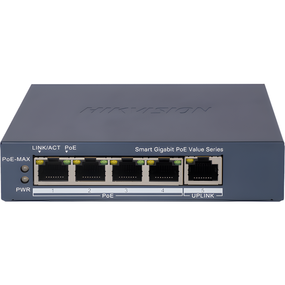 Switch Gigabit PoE+ / Monitoreable / 4 Puertos 1000 Mbps PoE+ / 1 Puerto 1000 Mbps Uplink / Configuración Nube Hik-PartnerPro / Modo Extendido hasta