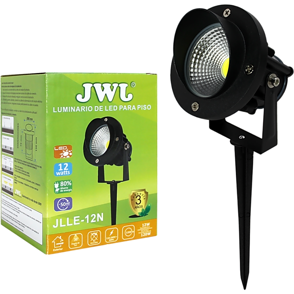 Luminario LED Tipo Estaca / COB / 12W / 110-240V~ 60Hz / IP65 / 2700 K Luz Cálida / Ángulo de Luz 36° / Cabeza Ajustable 45° a 85° / Aleación de