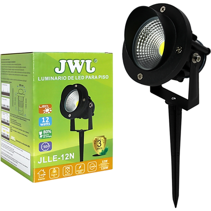 Luminario LED Tipo Estaca / COB / 12W / 110-240V~ 60Hz / IP65 / 2700 K Luz Cálida / Ángulo de Luz 36° / Cabeza Ajustable 45° a 85° / Aleación de