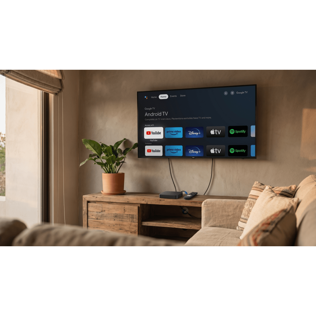 STB 4K Android con Google TV / Alto Rendimiento / Conexión Wi-Fi y por Cable / Control Remoto Bluetooth / Salida HDMI / APP Hik Connect Pre-instalada