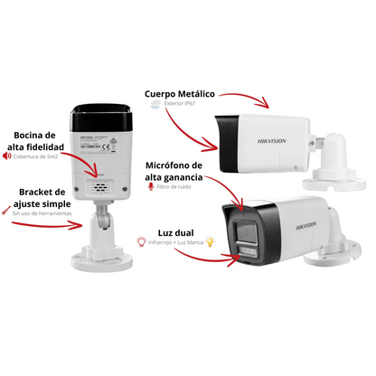 [Audio Bidireccional + Dual Light + ColorVu] Bala TURBOHD 3K (5 Megapixel) / Lente 2.8 mm Angulo de vision 112° / 30 mts IR EXIR + 20 mts Luz Blanca
