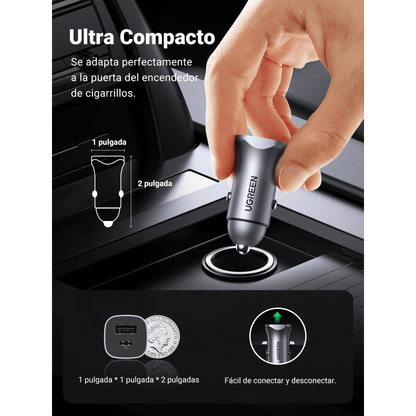 Cargador de Auto 24W | Puerto USB-A y USB-C | Carga Rápida | Compatible con Vehículos de 12 y 24 VCD | PD3.0 + QC3.0 | Indicador Led | Diseño