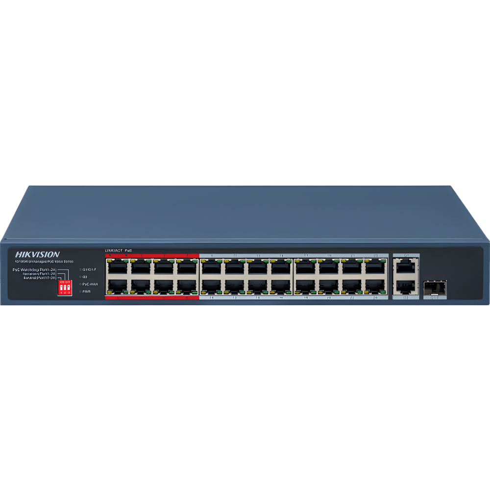 Switch PoE+ / No Administrable / 24 Puertos 10/100 Mbps PoE+ / 2 Puertos 1000 Mbps Uplink / 1 Puerto SFP Uplink / Modo Extendido hasta 300 Metros