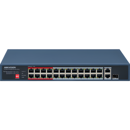 Switch PoE+ / No Administrable / 24 Puertos 10/100 Mbps PoE+ / 2 Puertos 1000 Mbps Uplink / 1 Puerto SFP Uplink / Modo Extendido hasta 300 Metros