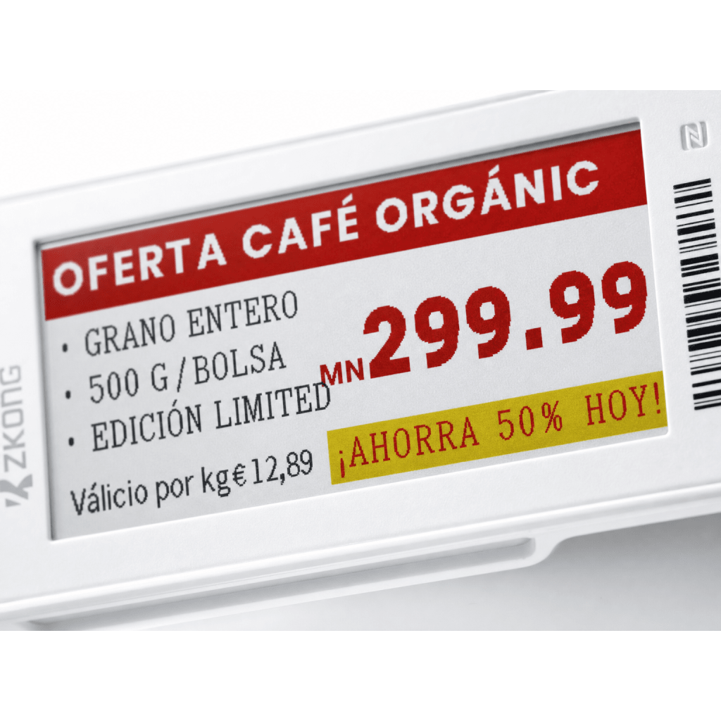 Etiqueta Electrónica de Estantería ZKE29B / Pantalla EPD Gráfica 2.9 Pulgadas / Resolución 296x128 Píxeles / 4 Colores (Negro Blanco Rojo Amarillo)