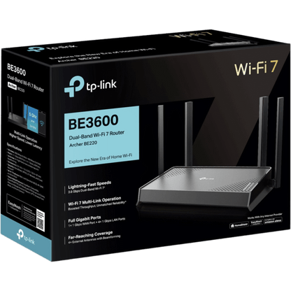 Router Wi-Fi 7 / BE3600 3.6 Gbps / Doble Banda 2.4 GHz y 5 GHz / MLO + 4K-QAM / 1× WAN + 4× LAN Gigabit / 4 Antenas Externas con Beamforming
