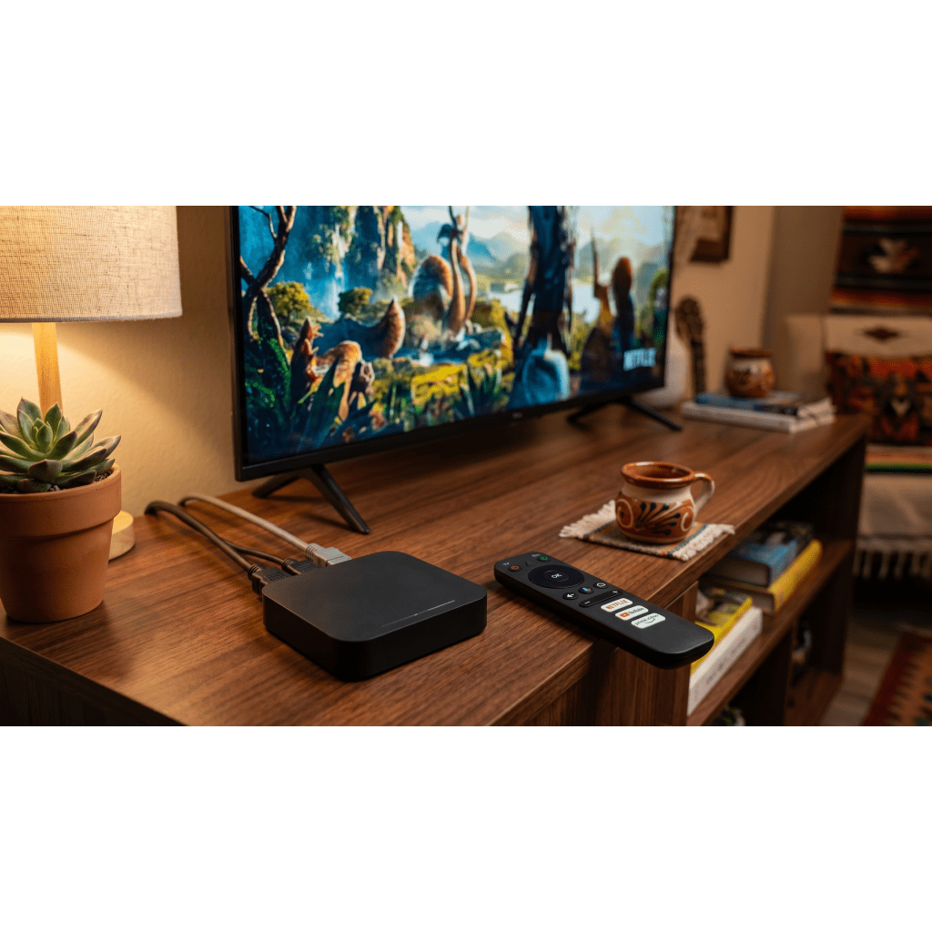 STB 4K Android con Google TV / Alto Rendimiento / Conexión Wi-Fi y por Cable / Control Remoto Bluetooth / Salida HDMI / APP Hik Connect Pre-instalada