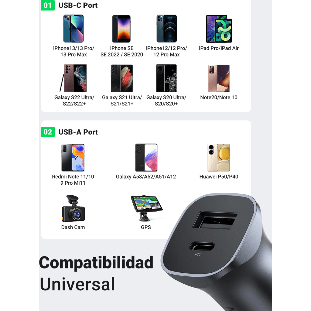 Cargador de Auto 24W | Puerto USB-A y USB-C | Carga Rápida | Compatible con Vehículos de 12 y 24 VCD | PD3.0 + QC3.0 | Indicador Led | Diseño