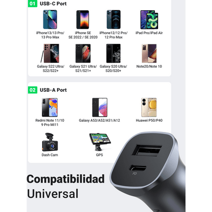 Cargador de Auto 24W | Puerto USB-A y USB-C | Carga Rápida | Compatible con Vehículos de 12 y 24 VCD | PD3.0 + QC3.0 | Indicador Led | Diseño