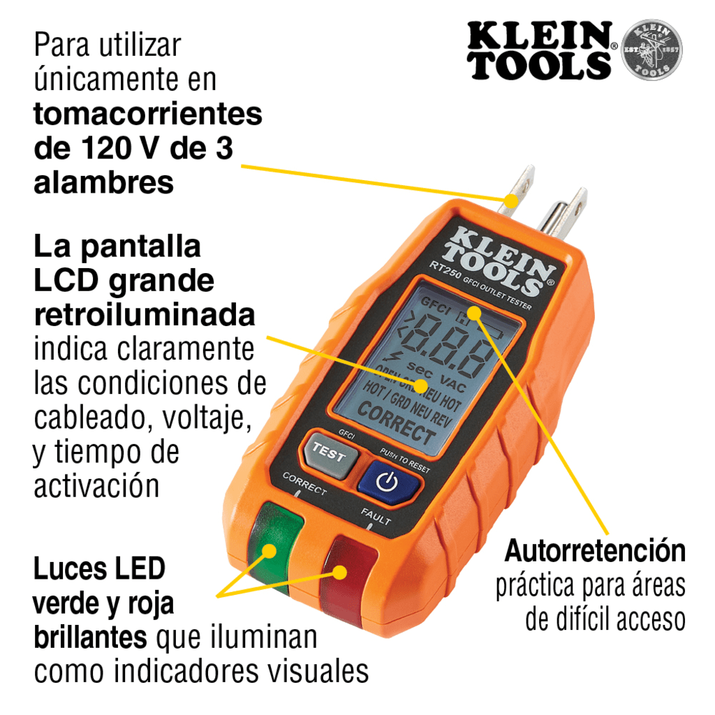 Probador de Tomacorrientes con Interruptor de Falla a Tierra (GFCI) con pantalla LCD