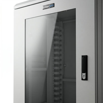 Gabinete Rackeable / 18 Unidades / 19 Pulgadas / Puerta de Cristal / Capacidad de Carga 750 Kg / Dimensiones 600x605x930 mm (23.6x23.8x36.6 in)