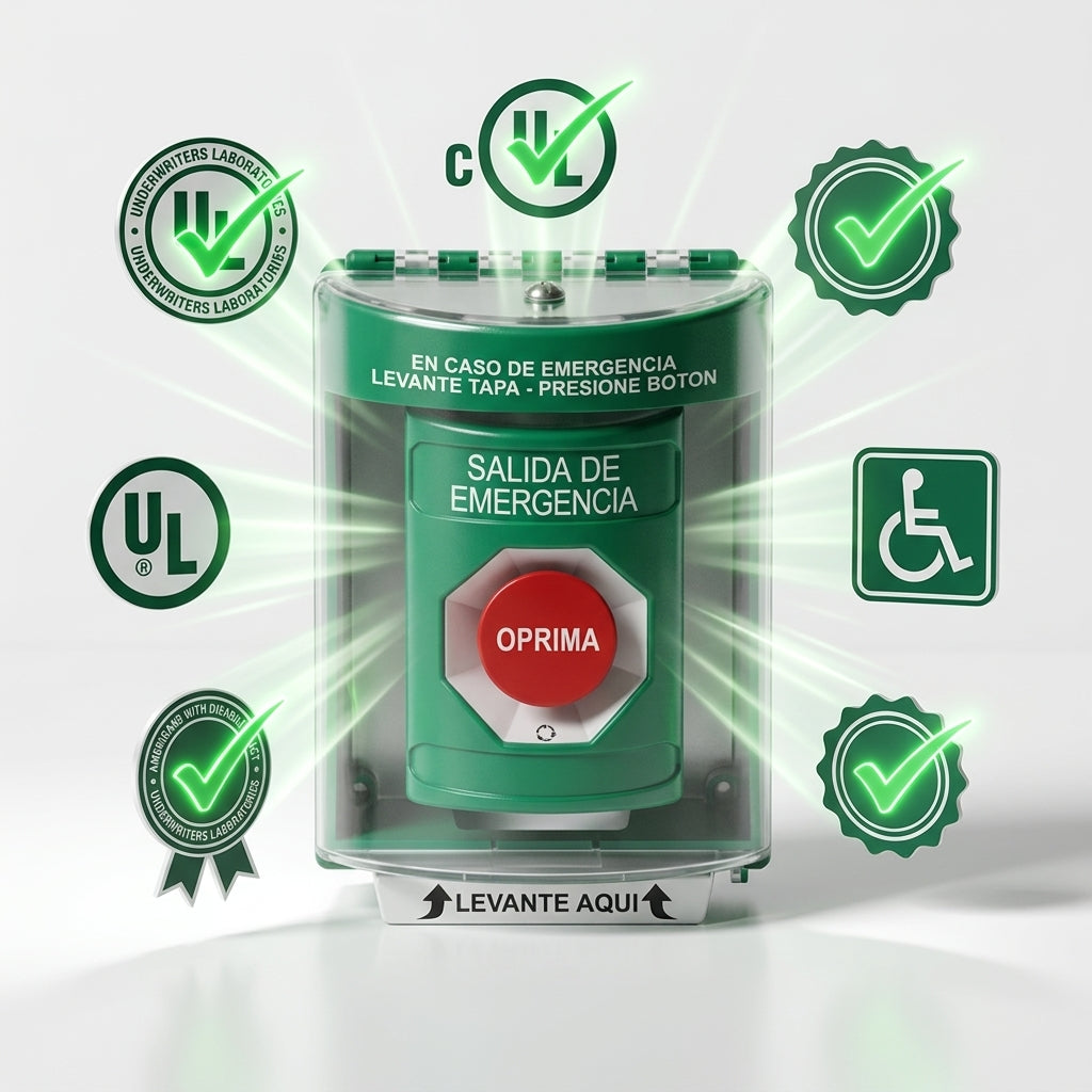 Botón de Salida de Emergencia, Cubierta de Policarbonato Súper Resistente de Superficie con Espaciador, Activación de Acción Mantenida, Con Bocina de