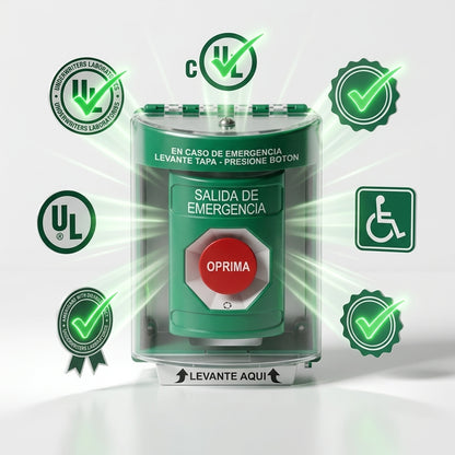 Botón de Salida de Emergencia, Cubierta de Policarbonato Súper Resistente de Superficie con Espaciador, Activación de Acción Mantenida, Con Bocina de