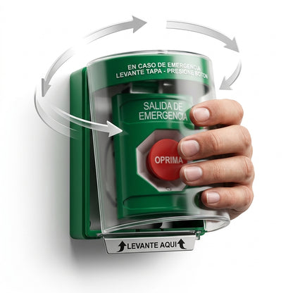 Botón de Salida de Emergencia, Cubierta de Policarbonato Súper Resistente de Superficie con Espaciador, Activación de Acción Mantenida, Con Bocina de