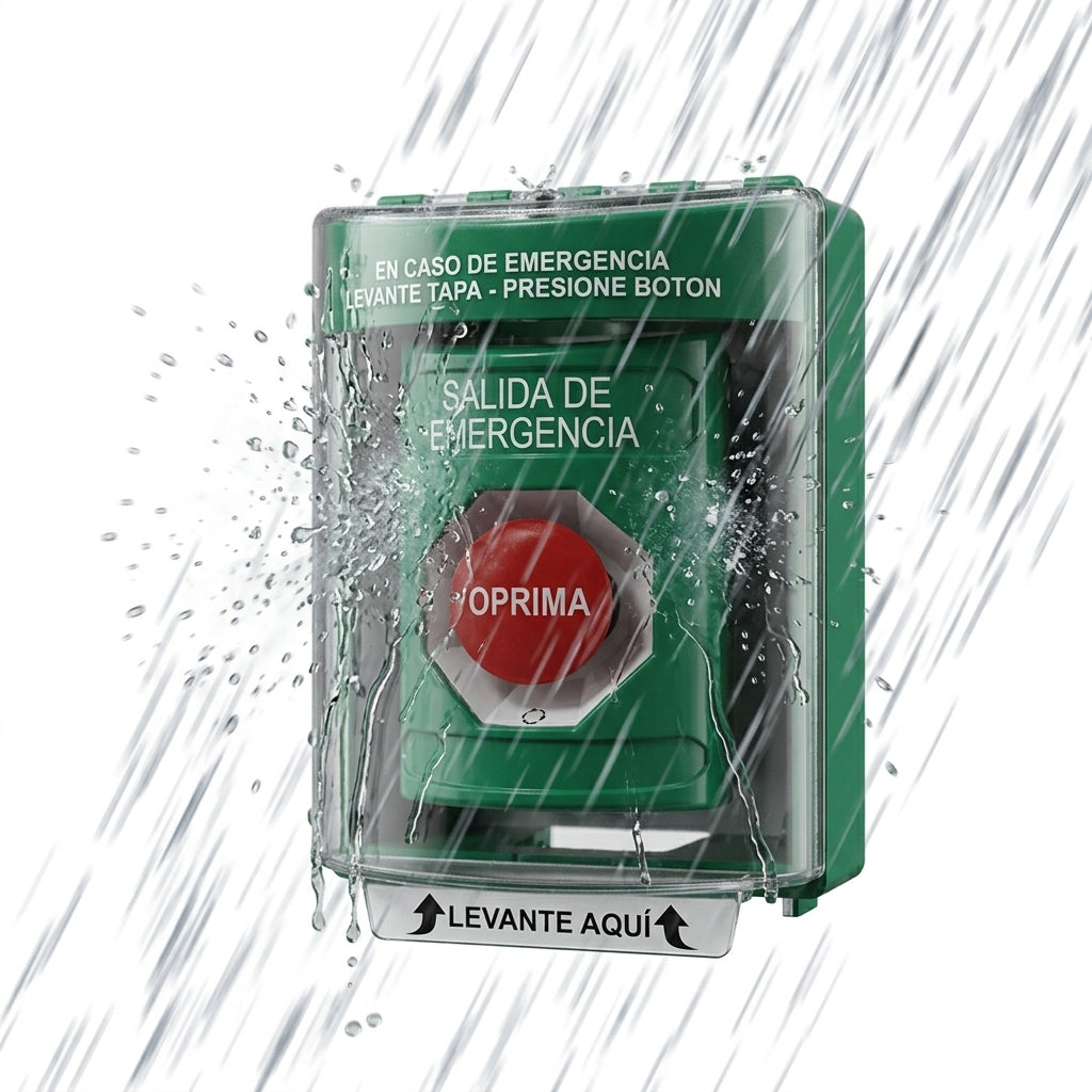 Botón de Salida de Emergencia, Cubierta de Policarbonato Súper Resistente de Superficie con Espaciador, Activación de Acción Mantenida, Con Bocina de