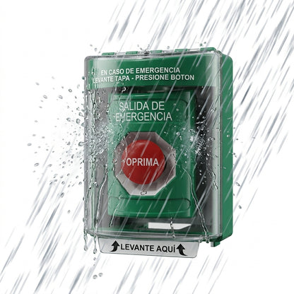 Botón de Salida de Emergencia, Cubierta de Policarbonato Súper Resistente de Superficie con Espaciador, Activación de Acción Mantenida, Con Bocina de