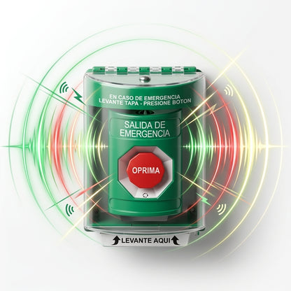Botón de Salida de Emergencia, Cubierta de Policarbonato Súper Resistente de Superficie con Espaciador, Activación de Acción Mantenida, Con Bocina de