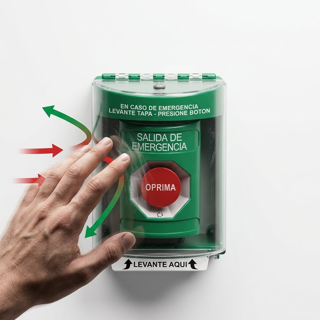 Botón de Salida de Emergencia, Cubierta de Policarbonato Súper Resistente de Superficie con Espaciador, Activación de Acción Mantenida, Con Bocina de