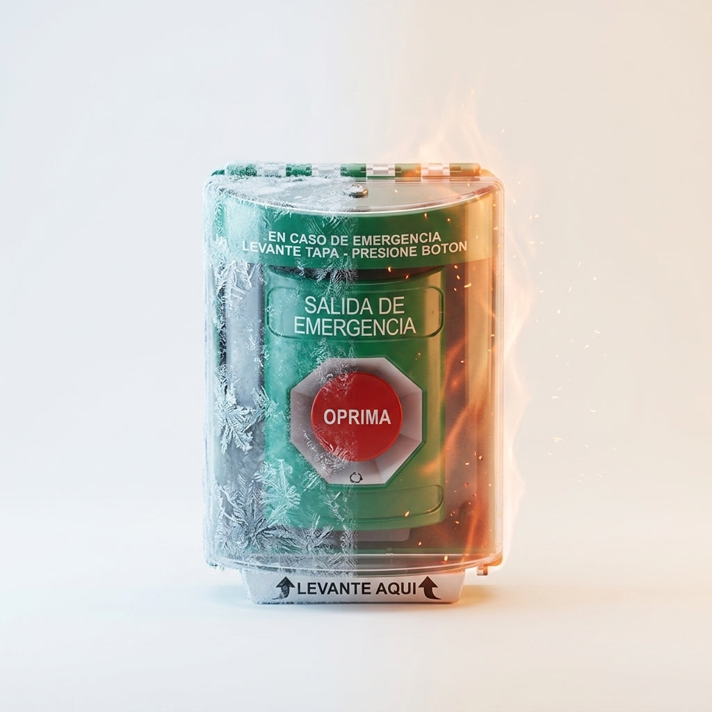 Botón de Salida de Emergencia, Cubierta de Policarbonato Súper Resistente de Superficie con Espaciador, Activación de Acción Mantenida, Con Bocina de