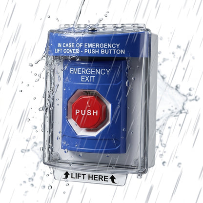 Botón De Salida De Emergencia Con Bocina De Advertencia Integrada, Interior/Exterior, Texto En Ingles, Tapa Protectora De Policarbonato Súper