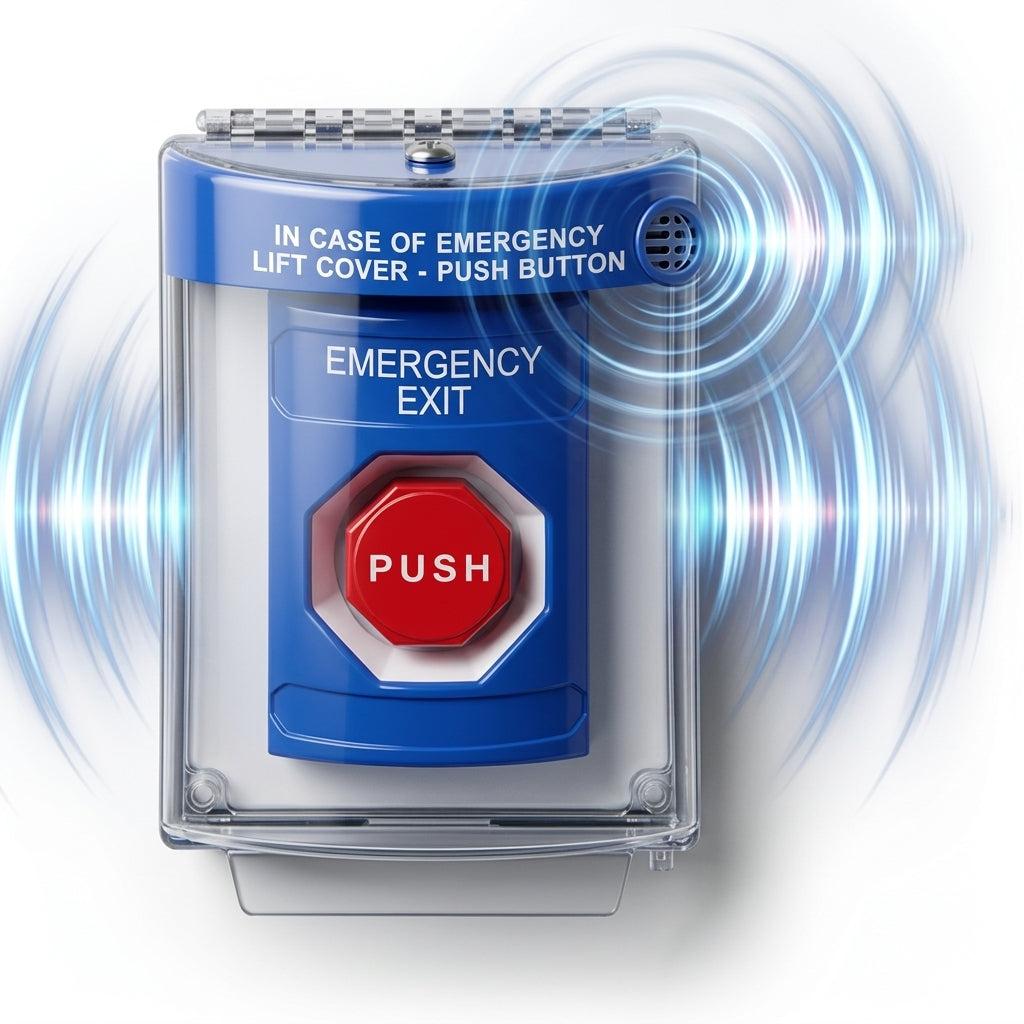 Botón De Salida De Emergencia Con Bocina De Advertencia Integrada, Interior/Exterior, Texto En Ingles, Tapa Protectora De Policarbonato Súper