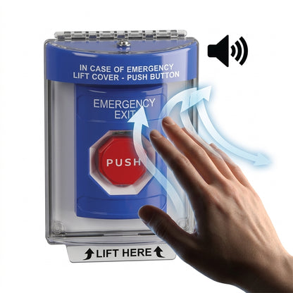 Botón De Salida De Emergencia Con Bocina De Advertencia Integrada, Interior/Exterior, Texto En Ingles, Tapa Protectora De Policarbonato Súper