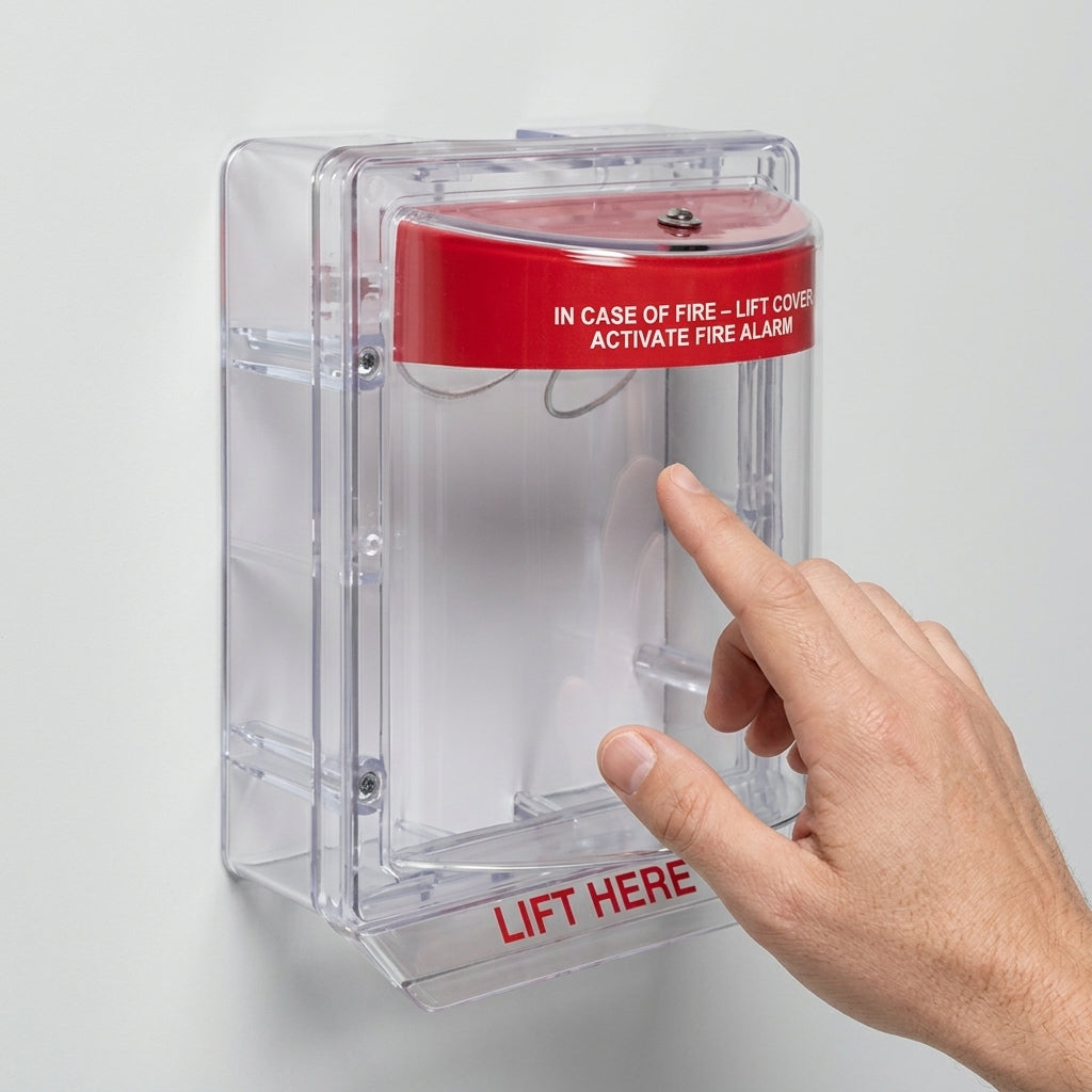 Cubierta Protectora Serie Stopper II® De Policarbonato, Con Bocina, Espaciador Transparente, Montaje en Superficie, Etiqueta en Inglés