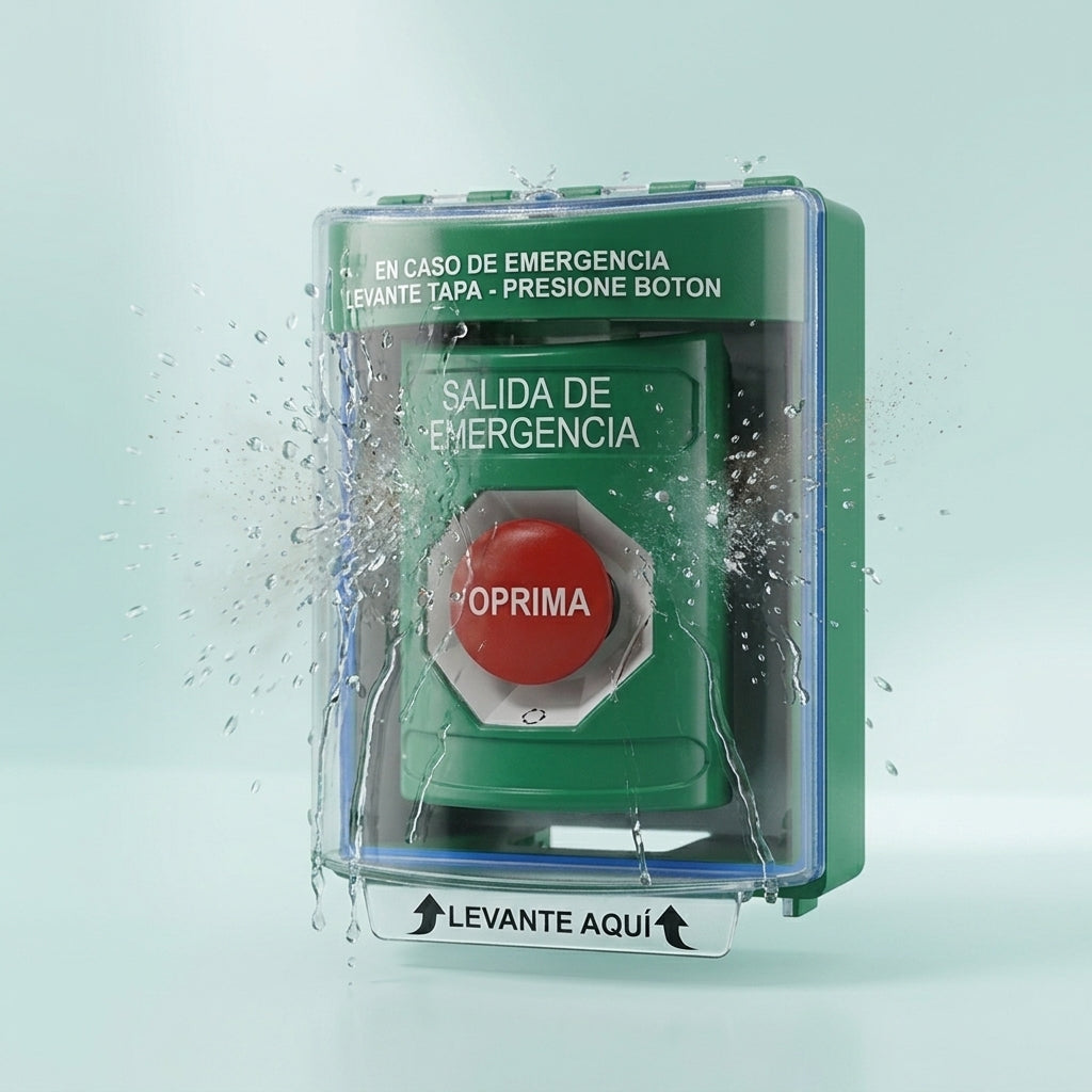Botón de Salida de Emergencia, Texto en Español, Tapa Protectora de Policarbonato Súper Resistente, Restablecimiento con Llave