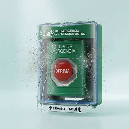 Botón de Salida de Emergencia, Texto en Español, Tapa Protectora de Policarbonato Súper Resistente, Restablecimiento con Llave