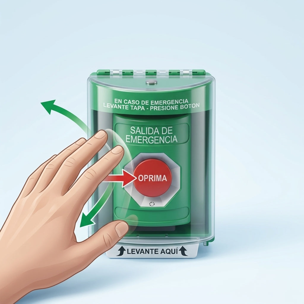 Botón de Salida de Emergencia, Texto en Español, Tapa Protectora de Policarbonato Súper Resistente, Restablecimiento con Llave