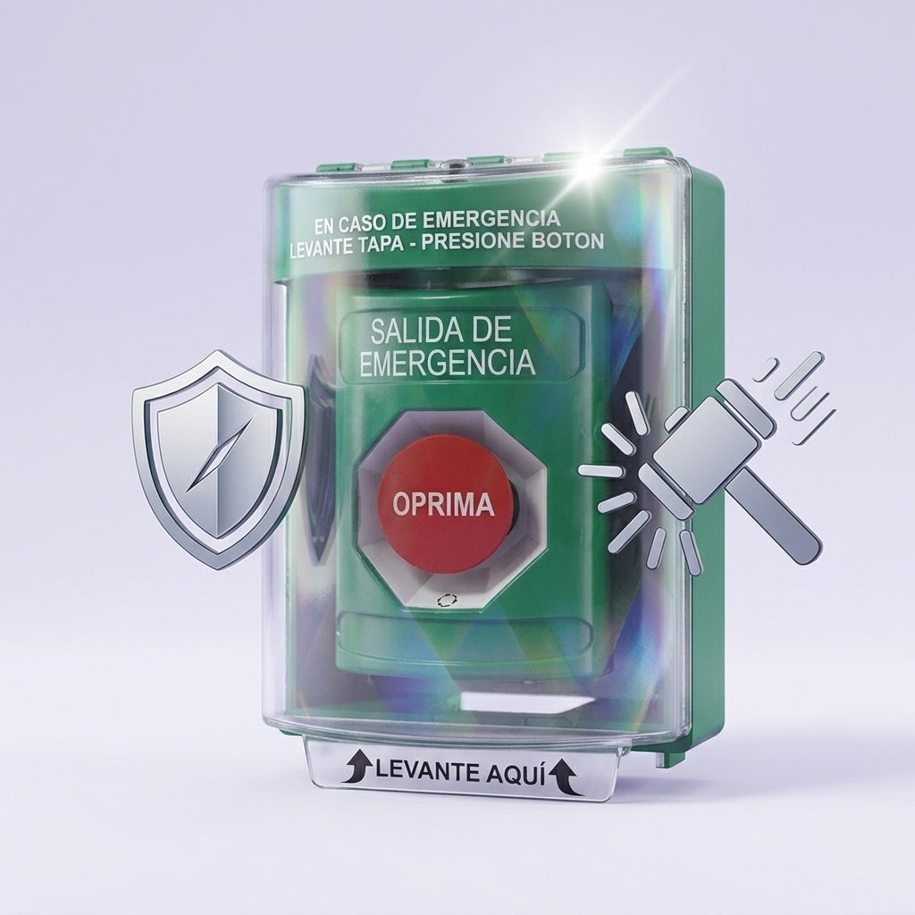 Botón de Salida de Emergencia , Texto en Español, Acción Mantenida, Girar para Restablecer, LED de iluminación