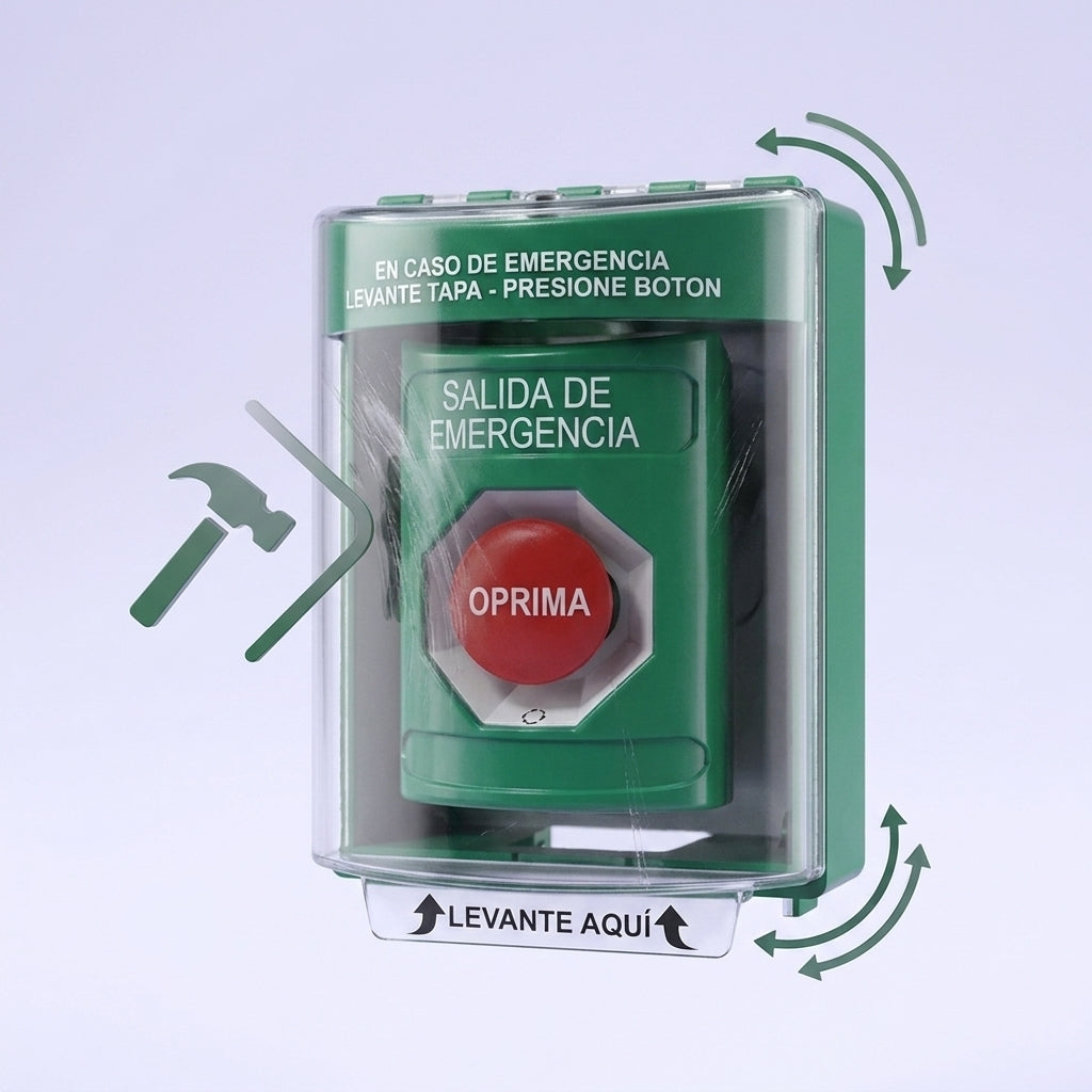 ​Botón Multipropósito, Color Azul, De Superficie, Con Tapa De Policarbonato, Sin Bocina Pre Alarma, Solo Interior, Llave Para Restablecer, Texto De