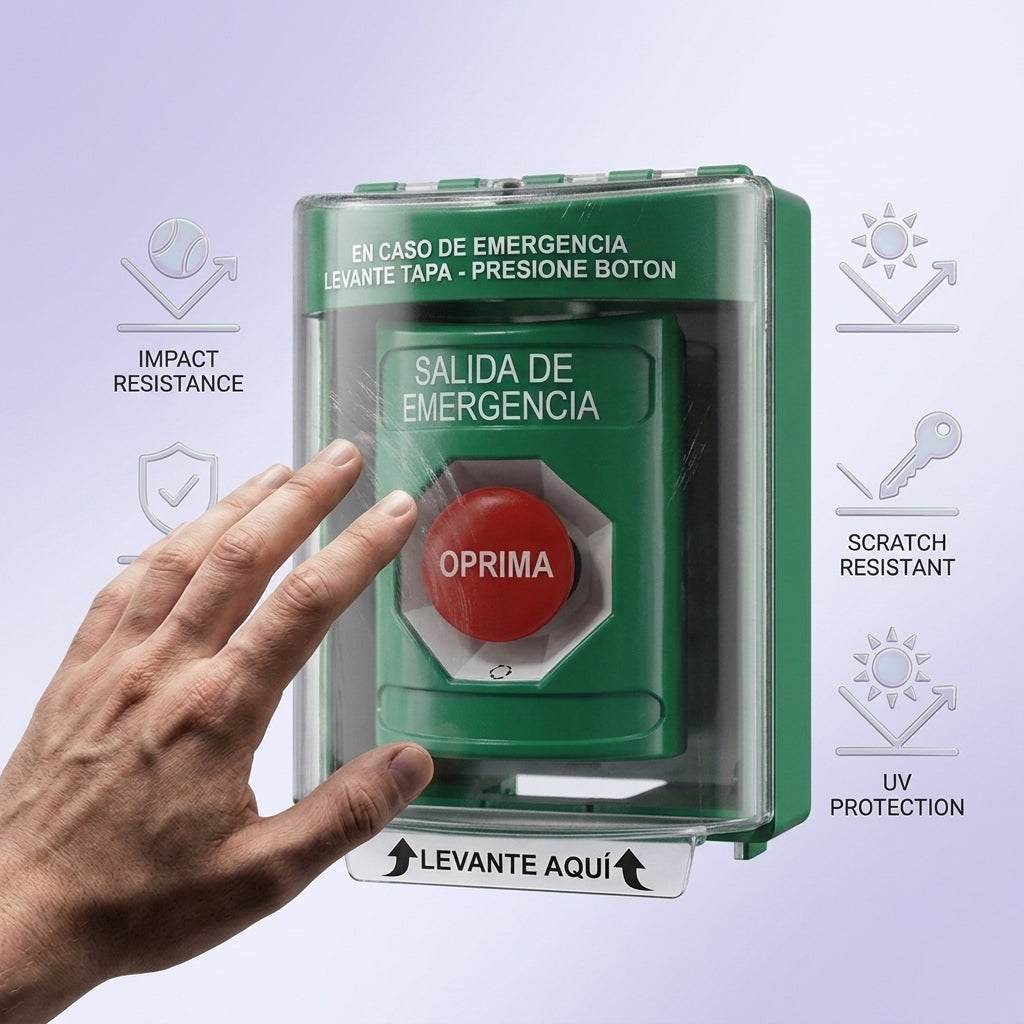 ​Botón Multipropósito, Color Azul, De Superficie con Espaciador, C/Tapa De Policarbonato, C/Bocina Pre Alarma, Interior/Exterior, Llave Para