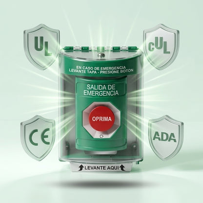 ​​Botón Multipropósito, Color Verde, De Superficie, Con Tapa De Policarbonato, Con Bocina Pre Alarma, Solo Interior, Llave Para Restablecer, Texto De