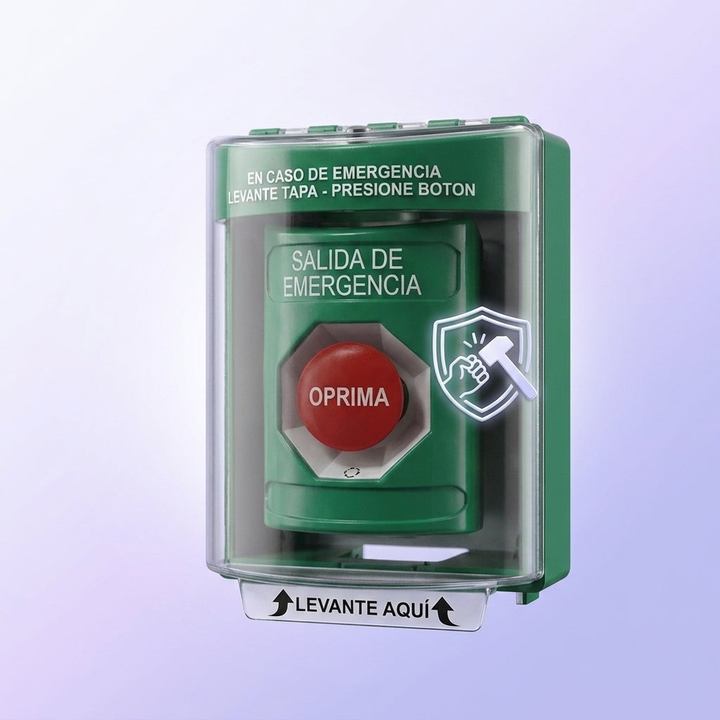 ​​Botón Multipropósito, Color Verde, De Superficie, Con Tapa De Policarbonato, Con Bocina Pre Alarma, Solo Interior, Llave Para Restablecer, Texto De
